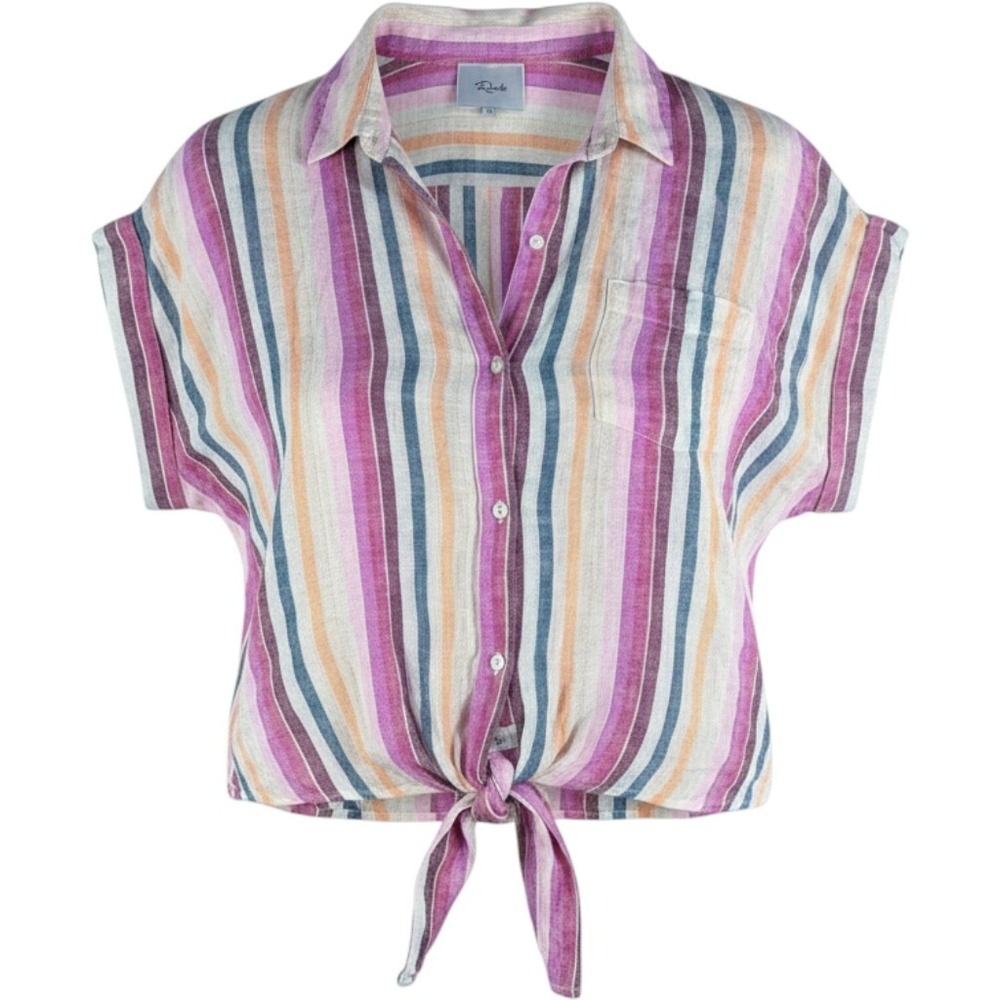 Rails Amelie Avila Stripe Tie Front Shirt Multi Color Lurex Linen Large Womens